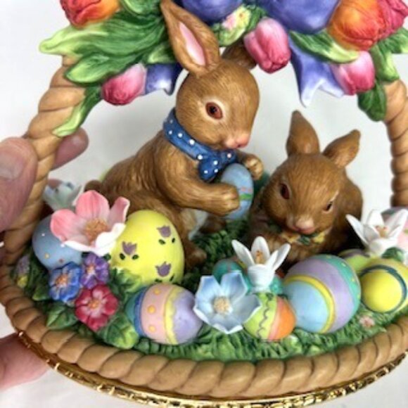 Porcelain Easter Basket Figurine With Rabbits  Eggs Spring Decor 8" Tall - Picture 3 of 15